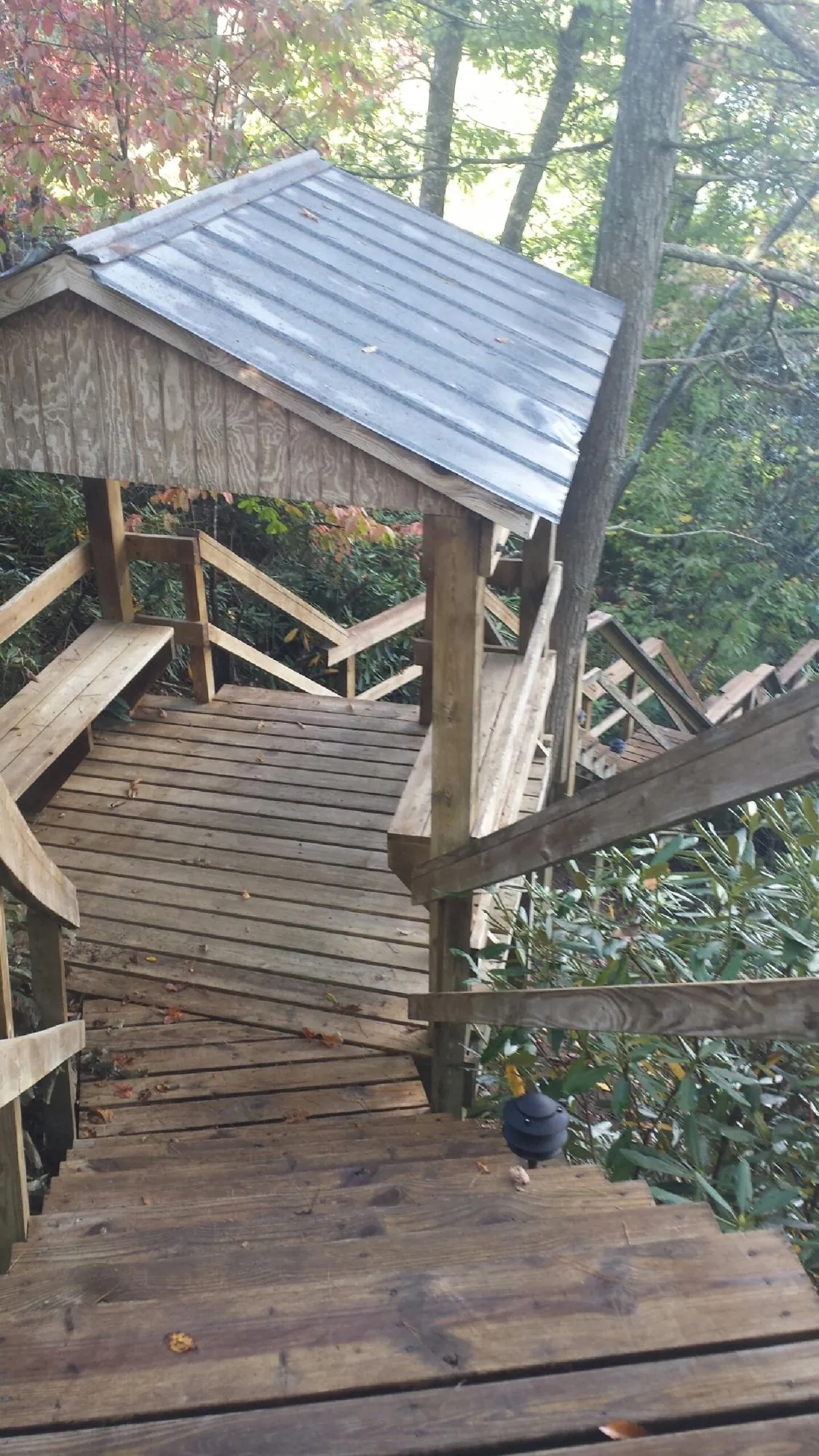 Metal roofed shelter over wooden steps on a wooded walkway — Skylight Repair & Installation work by our crew in Grissom Arb